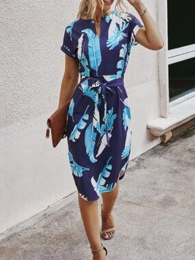 Notched neck belted leaf print dress blue size small